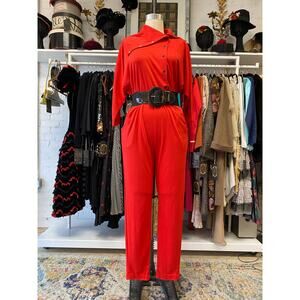 vintage 1980s red jersey jumpsuit by fantaseas medium snap front avant garde 80s